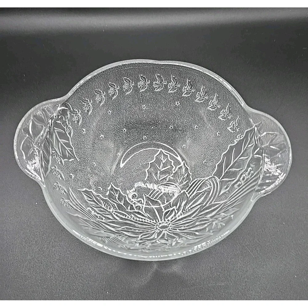 Clear and Frosted Poinsettia and Holly Candy Nut Bowl 2 Handles 6.5